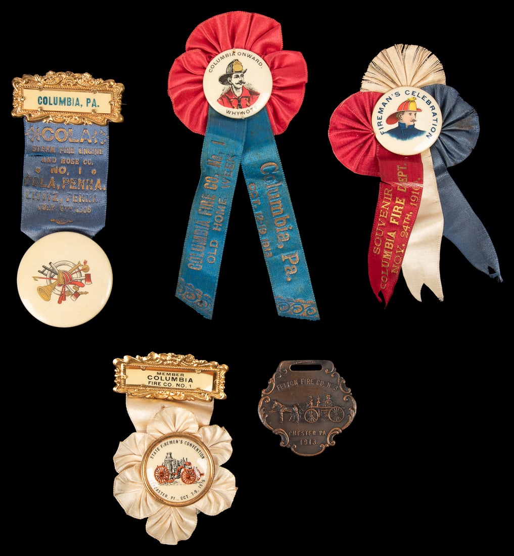 [FIREFIGHTING]. Group of 5 pins and watch fob. Including: (... (1 of 1)