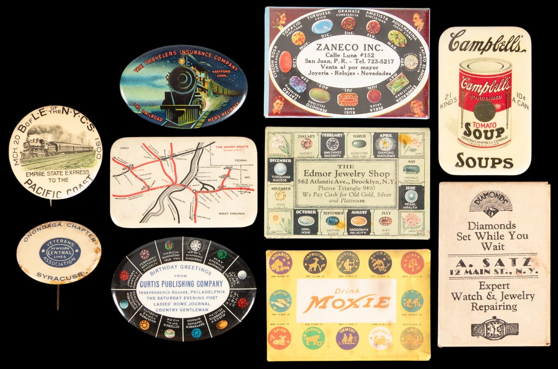 [POCKET MIRRORS]. Group of 10 pocket mirrors and pins. Eigh... (1 of 1)