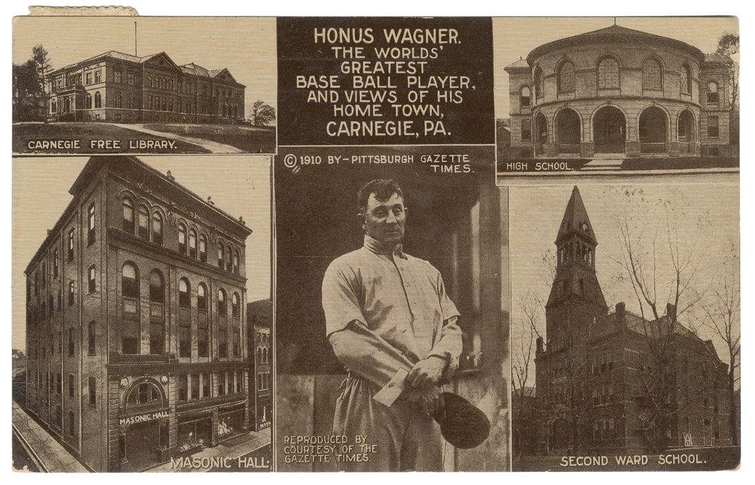 1910 Honus Wagner “Pittsburgh Gazette Times” Postcard. Scar...: 1910 Honus Wagner “Pittsburgh Gazette Times” Postcard. Scarce postcard featuring Honus Wagner, “the world’s greatest baseball player,” and boxed views of his hometown, Ca
