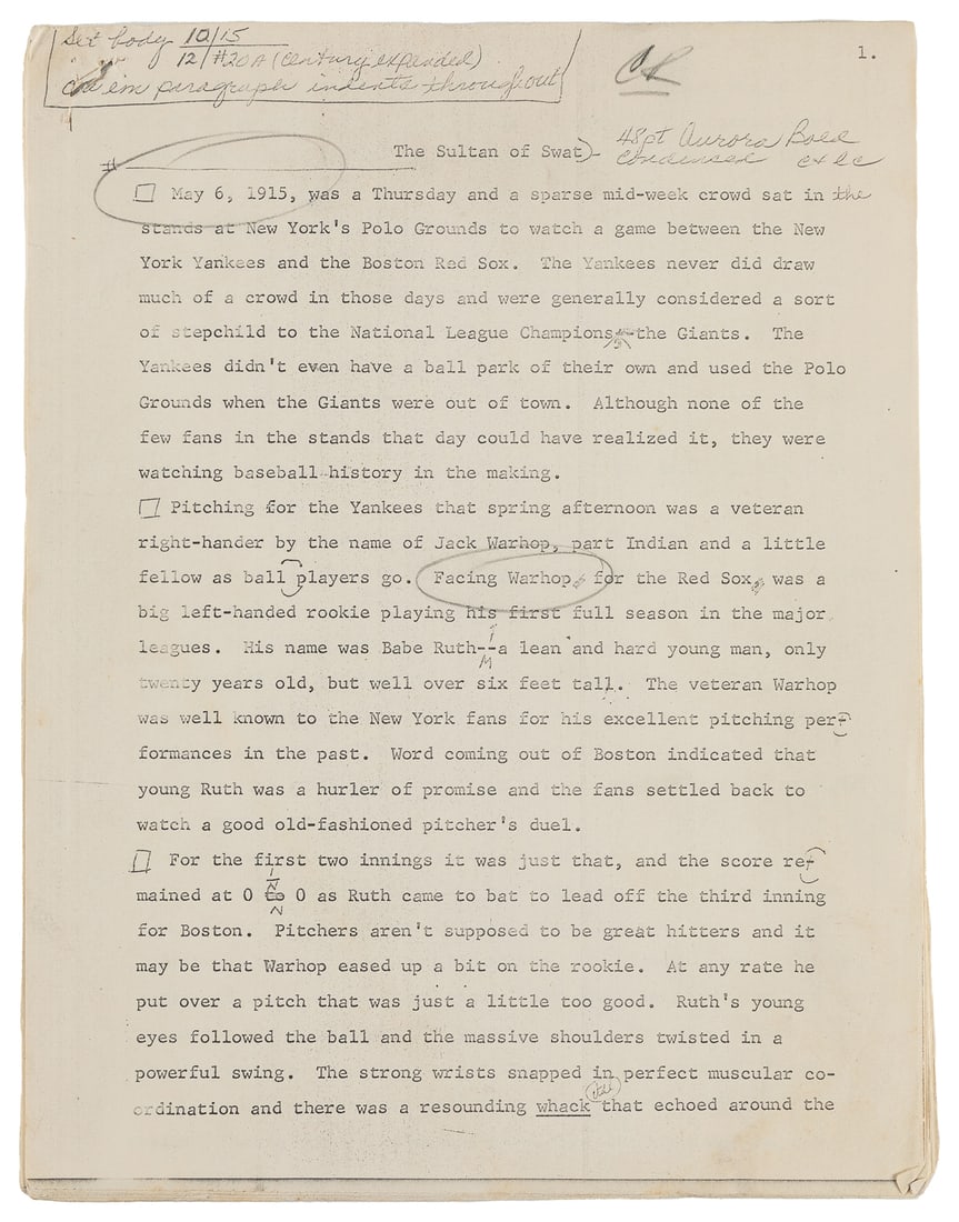 [RUTH, Babe]. RICHARDS, Kenneth. “The Sultan of Swat”, manu... (1 of 2)