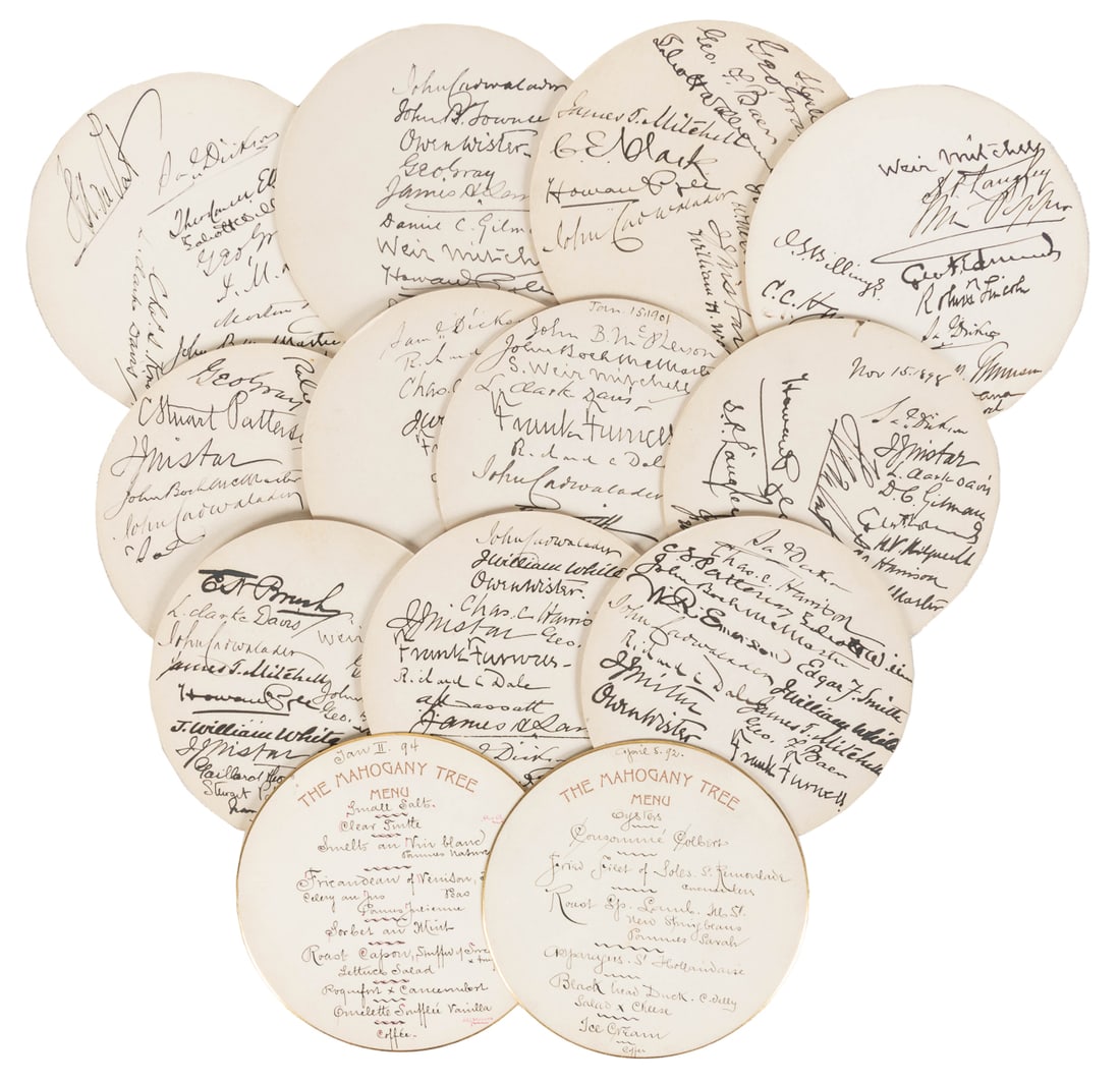 [AUTOGRAPHS]. Group of 20 Mahogany Tree Club menu cards, si...: [AUTOGRAPHS]. Group of 20 Mahogany Tree Club menu cards, signed by Owen Wister, Howard Pyle, etc. [Philadelphia], 1890s-1900s. Group of menu cards for The Mahogany Club, a Philadelphia dining club mad