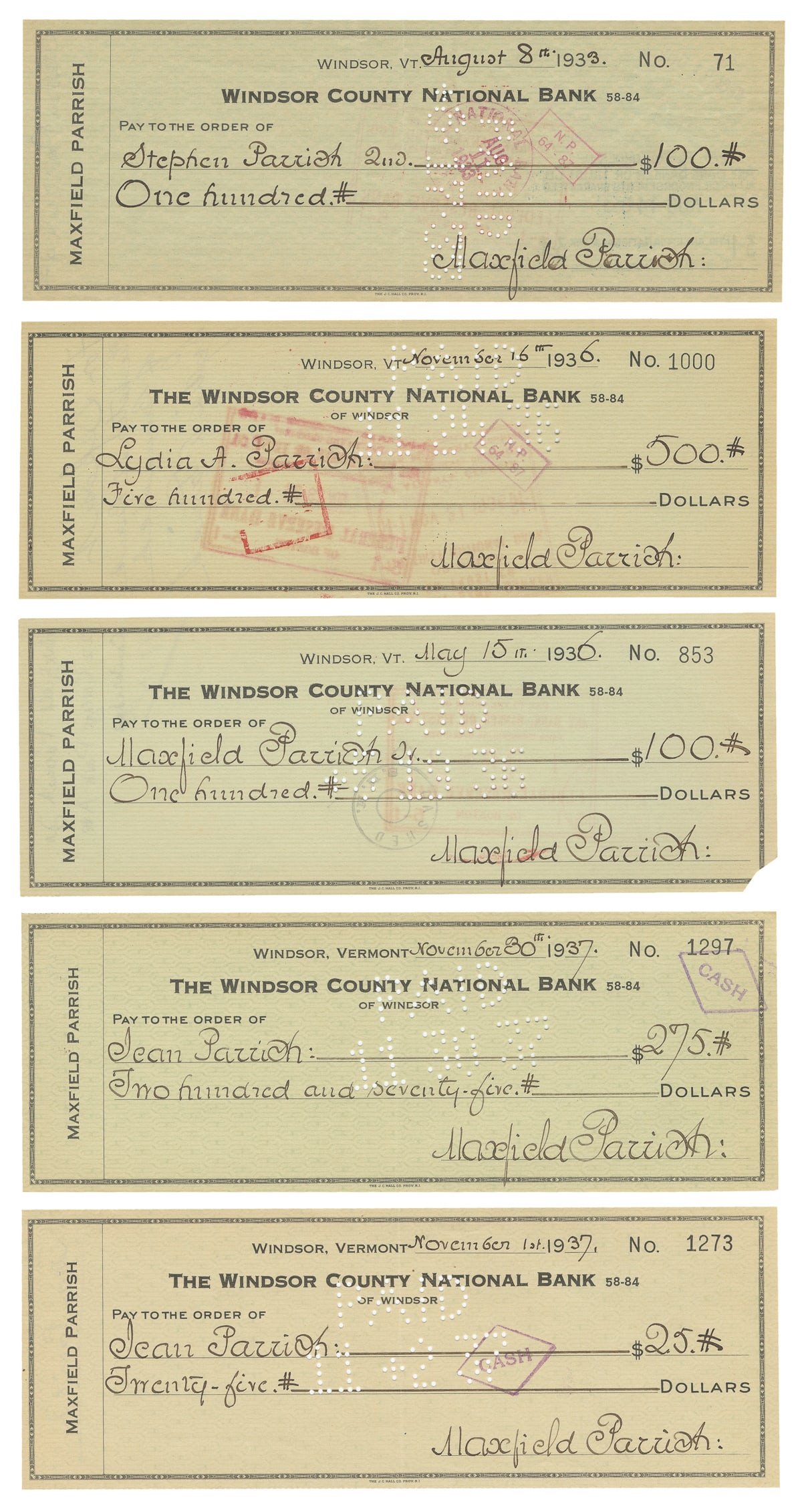 PARRISH, Maxfield (1870 – 1966). Five signed checks. Windso... (1 of 1)