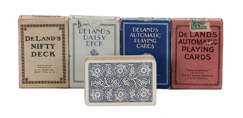Four Decks of Deland’s Playing Cards and One Magic Deck: Four Decks of Deland’s Playing Cards and One Magic Deck of Ellisdon Playing Cards. Deland’s decks published by S.S. Adams Co. Asbury, N.J. 1920’s - 1990. Nifty, Daisy, two Automatic. Very Good.
