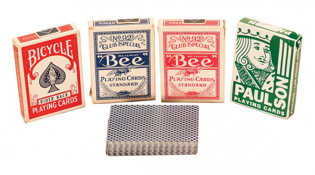 Five Decks of Gaffed Playing Cards.: Five Decks of Gaffed Playing Cards. Two Straight Red Bee Decks, one Stripped Blue Bee deck. One Paulson Deck with edge work. One Juiced Blue Bee Deck. Used but good condition.