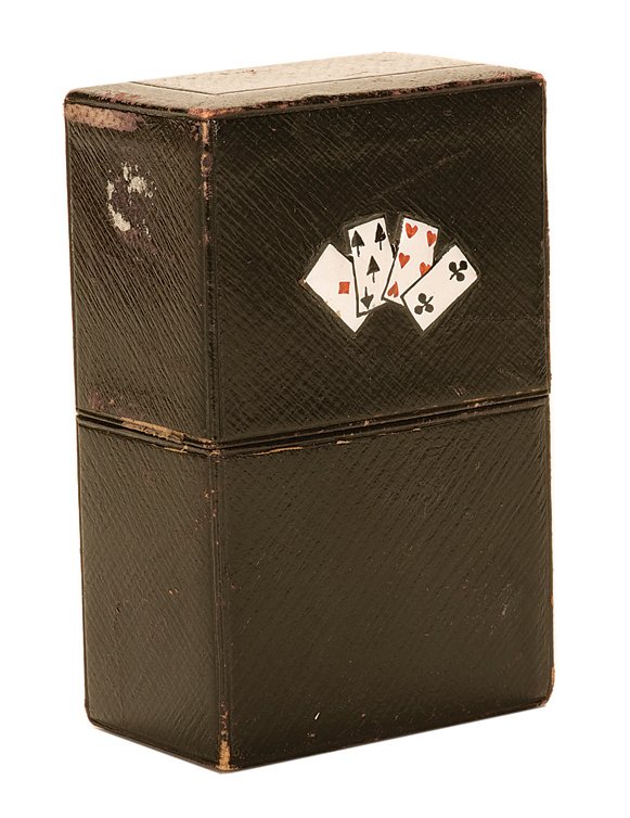 Leather Playing Card Case with four Enameled Cards: Leather Playing Card Case with four Enameled Playing Cards. H. Wurzl & Sons, Wien-Karlsbad, ca. 1900. Case holds two packs of playing cards. Case only. Very Good.