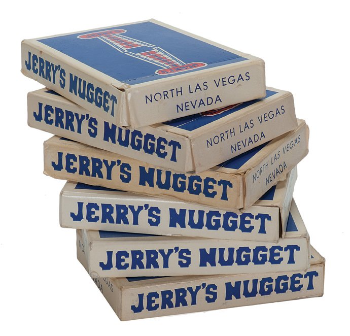 Jerry’s Nugget playing cards, six decks. Five blue-back: Jerry’s Nugget playing cards, six decks. Five blue-back decks and one red-back deck of custom poker-size Jerry’s Nugget casino playing cards in well-worn blue boxes. Decks with and wihtout jokers,