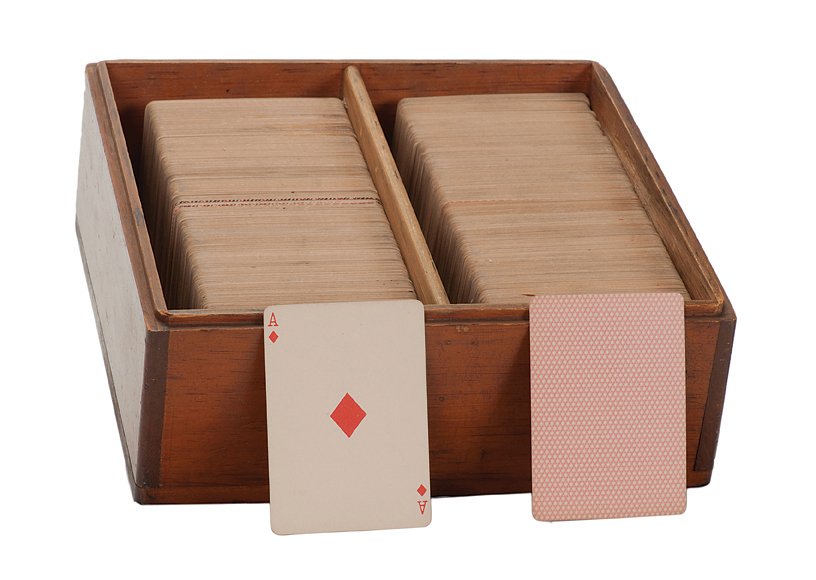 Over Six Hundred Single Steamboat Playing Cards in Box: Over Six Hundred Single Steamboat Playing Cards in Wooden Box. Ca. 1900. Aces, courts and numbered cards, no jokers.