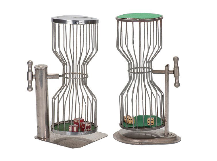 Pair of Chuck-a-Luck Cages. American, ca. 1960.: Pair of Chuck-a-Luck Cages. American, ca. 1960. Three dice included with each cage. 12” tall. Very good.