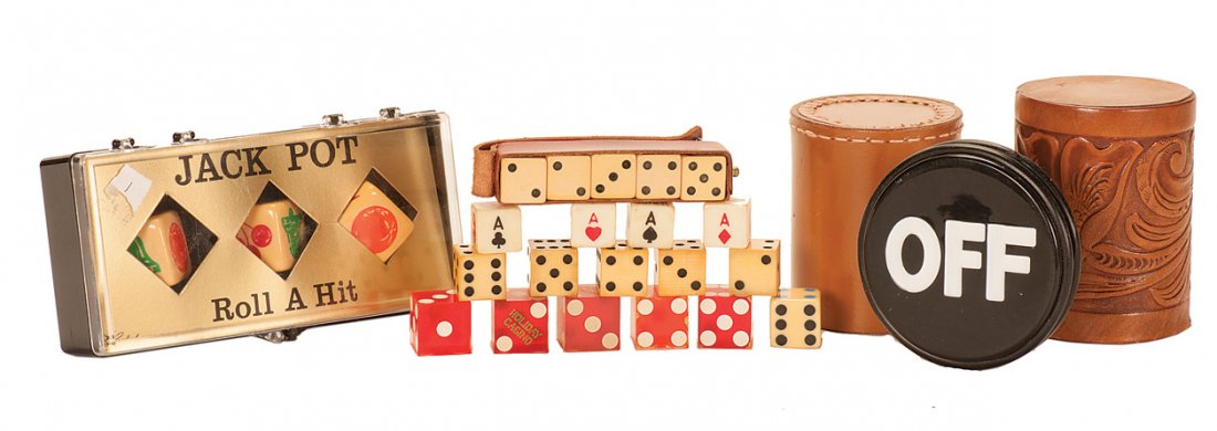 Five Miscellaneous Dice Items, and more.: Five Miscellaneous Dice Items, and more. Set of 3 Jack Pot Dice, Two dice cups with concealed magnets, miscellaneous dice (some magnetic), gaming puck, one set of five dice in leather advertising case