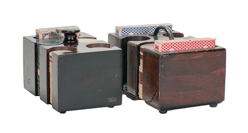 2 Poker Chip Sets with Clay Chips + 3 decks of cards: Two Poker Chip Sets with Clay Chips and Three decks of Playing Cards. Makers unknown, ca. 1920. Two decks from the Tropicana and one from Harolds Club. Very Good.