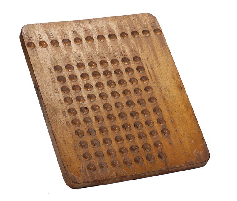 Keno Ball Board. Mason & Co., Newark, NJ, ca. 1910.: Keno Ball Board. Mason & Co., Newark, NJ, ca. 1910. Keno balls are placed in the holes as they are dispensed from the keno goose. Mason & Co. decal on verso. 14 ½ x 12”. Good.