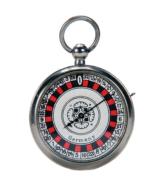 Roulette Gambling Pocket Watch. Germany, ca. 1920.: Roulette Gambling Pocket Watch. Germany, ca. 1920. Flick the lever on the side to spin the arrow. Paper dial. Working.