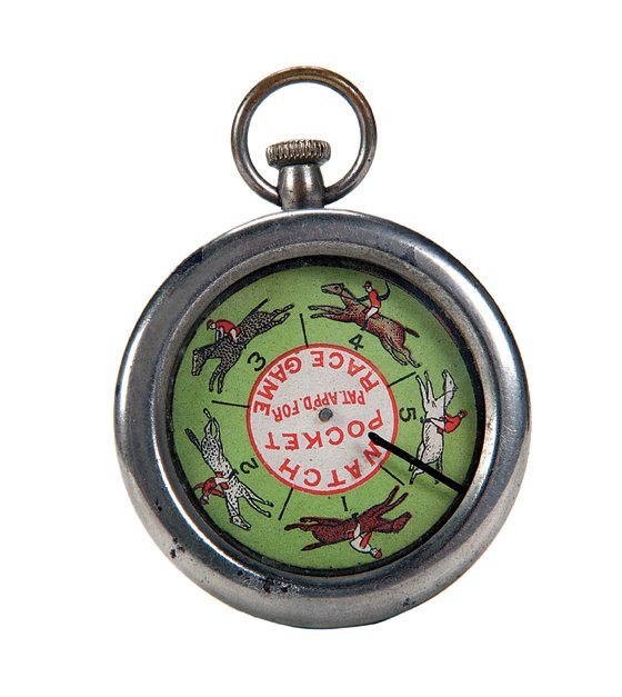 Horse Race Gambling Pocket Watch. ca. 1920: Horse Race Gambling Pocket Watch. Manufacturer unknown, ca. 1920. Pull the stem up then push it down to spin the inner paper wheel. Working.