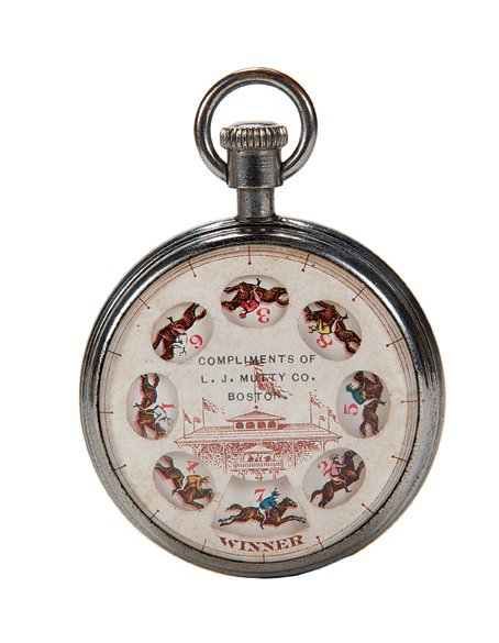Horse Race Gambling Pocket Watch. ca. 1915: Horse Race Gambling Pocket Watch. “Compliments of L.J. Mutty Co. Boston,” ca. 1915. Push the stem down to spin paper wheel. Working.