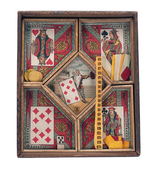 French Card Game of “Nain Jaune” (Yellow Dwarf). 1890?: French Card Game of “Nain Jaune” (Yellow Dwarf). Maker unknown, ca. 1890. Very colorful interior made up of five trays and a few bone markers. Original instructions and English translation include