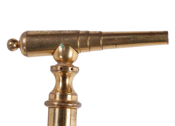 Riverboat Gambler’s Cannon Cane. American, ca. 1900.: Riverboat Gambler’s Cannon Cane. American, ca. 1900. The 4” brass cannon is loaded with a ball and powder, and a wick is placed in the small hole on top. Don’t sit across from the gambler brandi