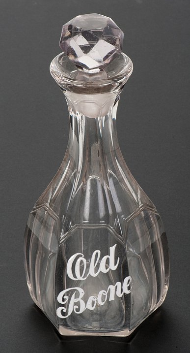 Back Bar “Old Boone” Whiskey Bottle with Cut Glass Stop: Back Bar “Old Boone” Whiskey Bottle with Cut Glass Stopper. American, ca. 1890. White enamel lettering. Very good.