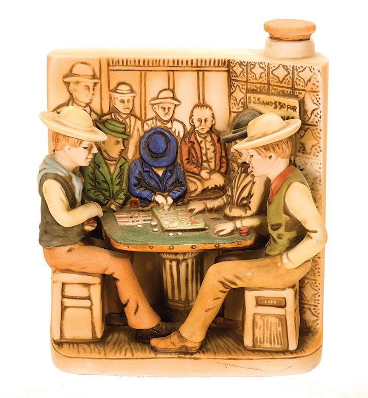 Faro Bank Ceramic Half Pint Whiskey Decanter. W A Lacey: Faro Bank Ceramic Half Pint Whiskey Decanter. W.A. Lacey, San Francisco, CA, contemporary. Original stopper but unfortunately empty. Carved wooden figure of man holding a spread of cards. Very good.