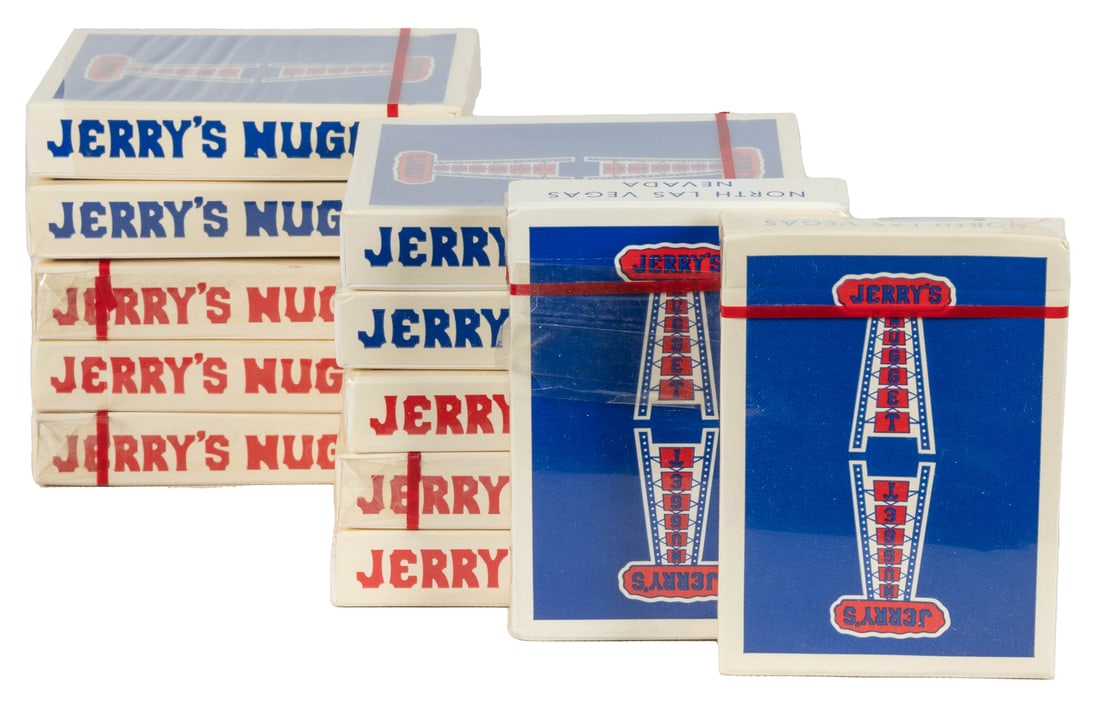 Brick (12) of Jerry’s Nugget Playing Cards. North Las Vegas...: Brick (12) of Jerry’s Nugget Playing Cards. North Las Vegas, ca. 1980s. A dozen unopened packs of original Jerry’s Nugget casino decks, six blue and six red backs in poker size. Cello