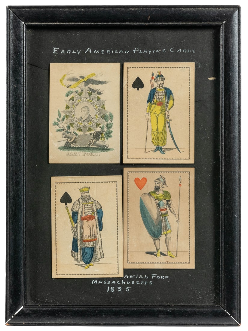 Jazaniah Ford. Four early American playing cards. Massachus...: Jazaniah Ford. Four early American playing cards. Massachusetts, ca. 1825. Four cards from the “Lafayette” deck issued to honor the Marquis de Lafayette. Includes Ace of Spades, jack and k