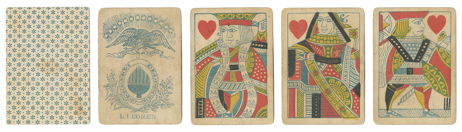 L.I. Cohen Highlanders Playing Cards. New York, ca. 1860s. ...: L.I. Cohen Highlanders Playing Cards. New York, ca. 1860s. 49/52 (lacks 10S, JC, 9D). Block-printed with color stenciling. One-way courts. Plaid backs. Rubbed, unevenly worn (euchred, cards 2-8 notice