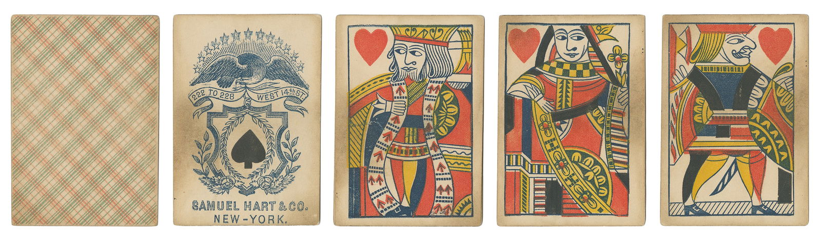 Samuel Hart & Co. Playing Cards. New York, ca. 1875. 52. Ac...: Samuel Hart & Co. Playing Cards. New York, ca. 1875. 52. Ace of Spades with Samuel Hart’s 14th St. address in New York. Square corners. One-way courts. Plaid backs. Finger-soiling at edges. Hoch