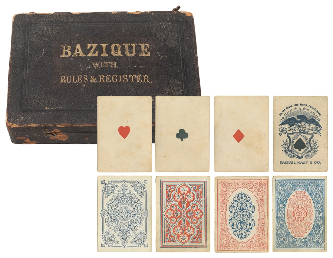 Samuel Hart & Co. Bezique Set of Four Decks. New York, ca. ...: Samuel Hart & Co. Bezique Set of Four Decks. New York, ca. 1865. Original gilt and blind-stamped paper-covered case with rules booklet and paper label on inside lid, with two U.S. playing card stamps