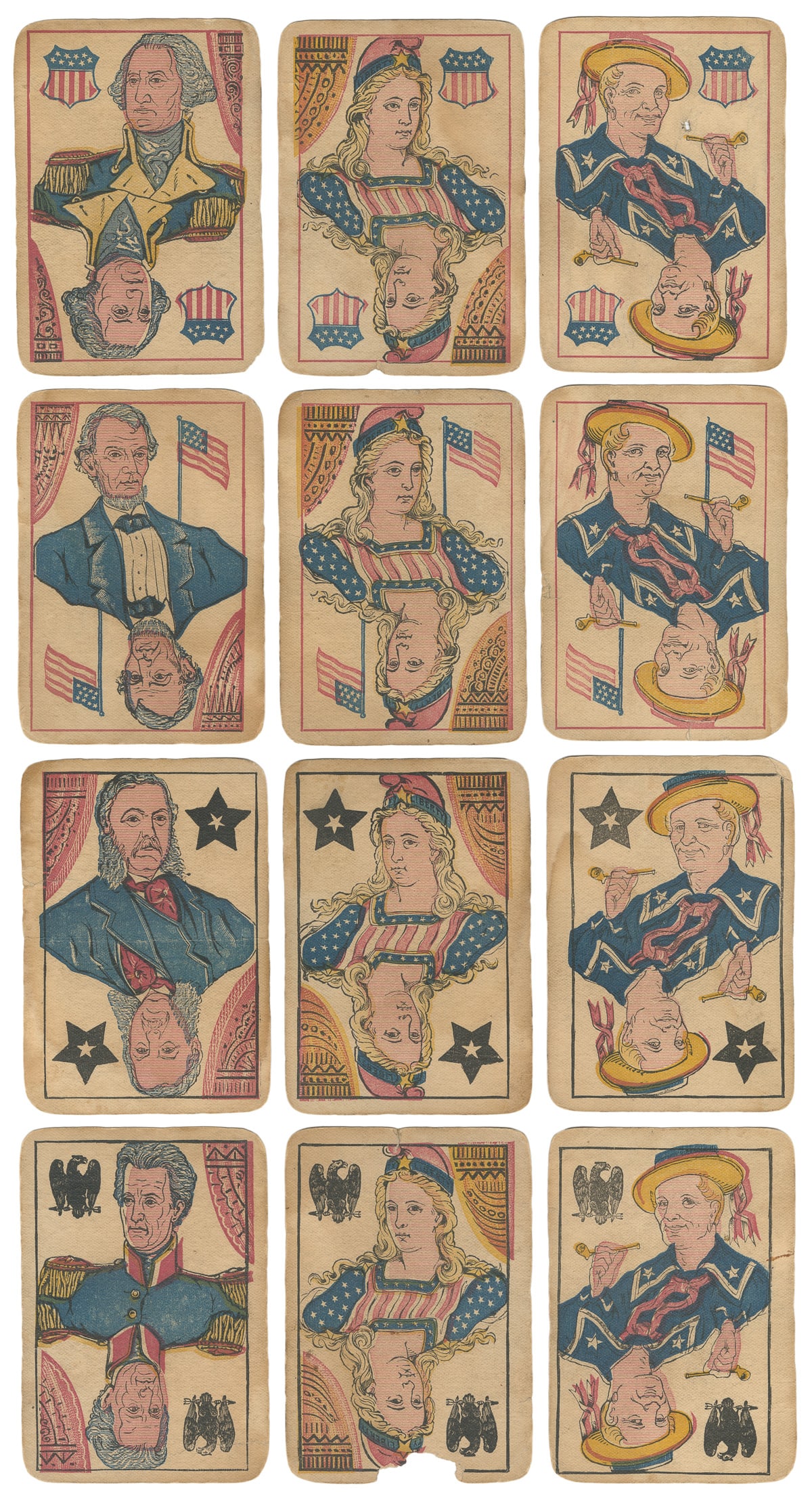 National Cards (The Bad Joker) Playing Cards. New York: B.W...: National Cards (The Bad Joker) Playing Cards. New York: B.W. Hitchcock, 1883. 50/52, lacks ace of eagles, 10 of shields (with facsimile joker). Patriotic deck with suit symbols replaced by eagles, fla