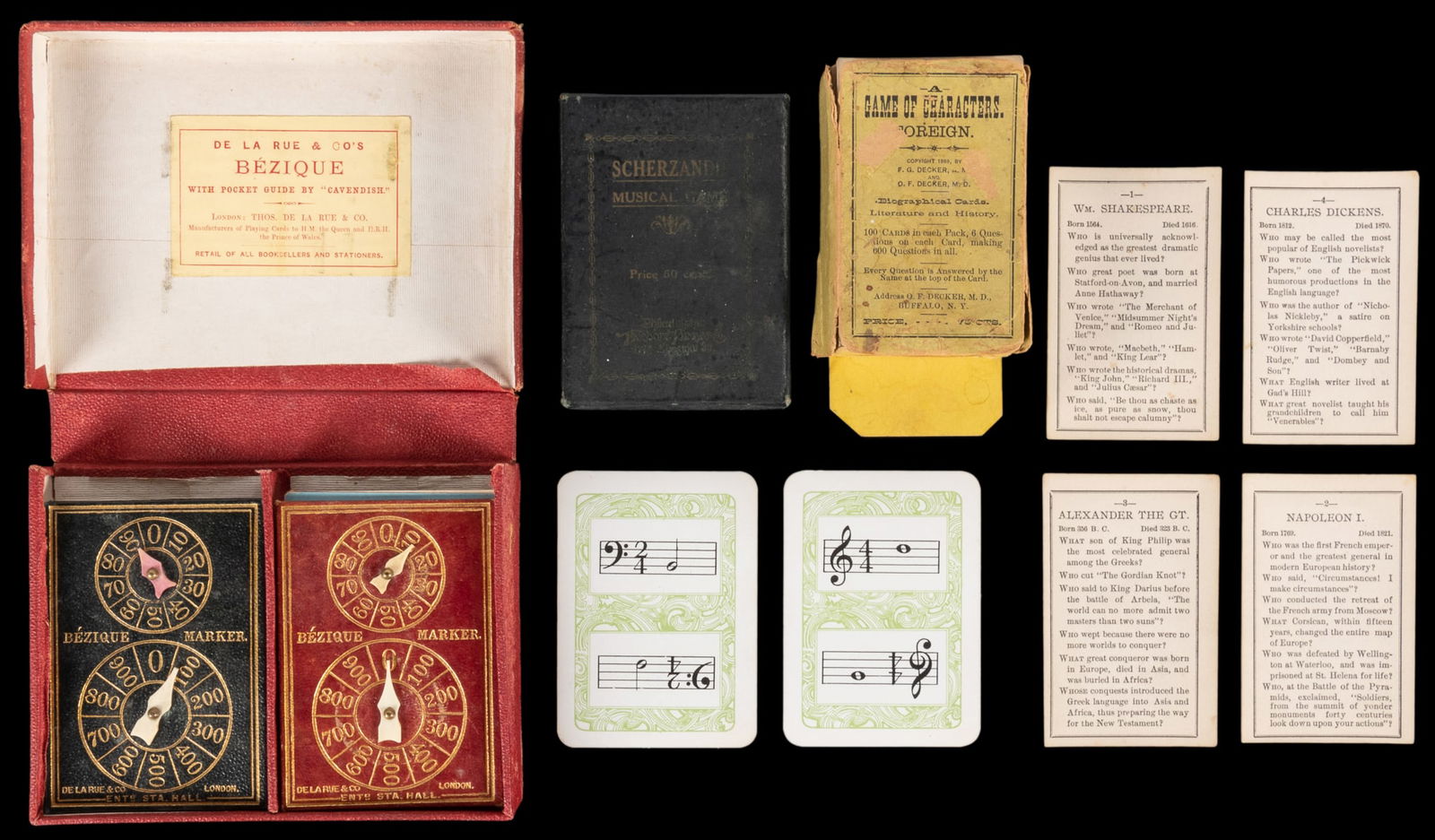 [CARD GAMES]. Bezique Cased Set, and two other card games. ...: [CARD GAMES]. Bezique Cased Set, and two other card games. Circa 1860s. Original gilt-stamped cloth-covered box, with two cardstock gilt-stamped markers, two Table of Scores cards, and “Pocket G