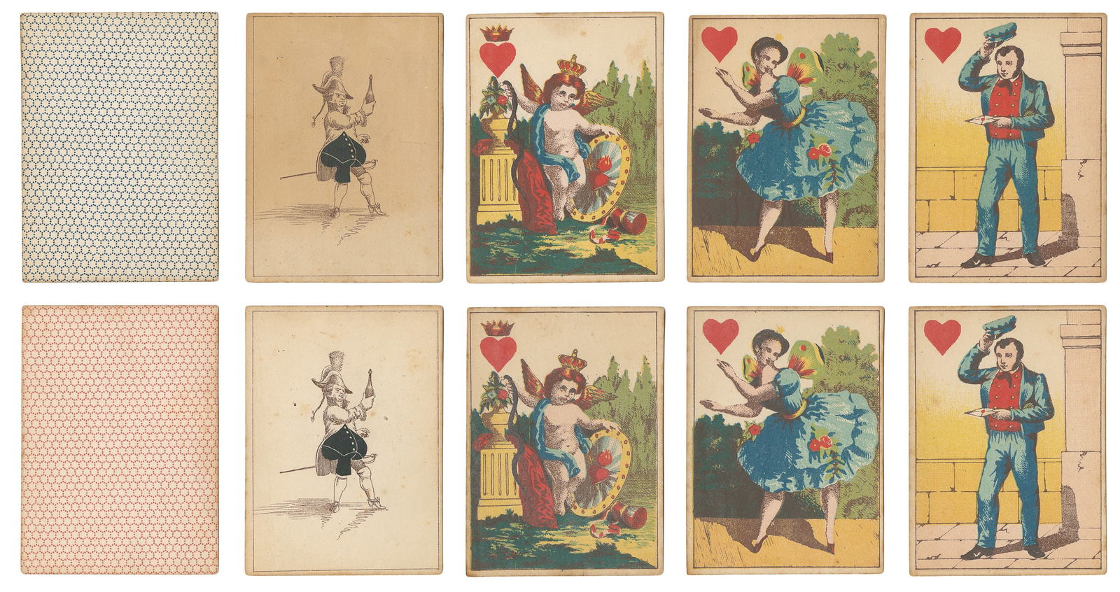 Frommann & Bunte Transformation Playing Cards (two decks). ...: Frommann & Bunte Transformation Playing Cards (two decks). Germany, ca. 1870. Two decks (both 52/52), one with blue hexagon and one red hexagon backs. The initials “M” and “F”