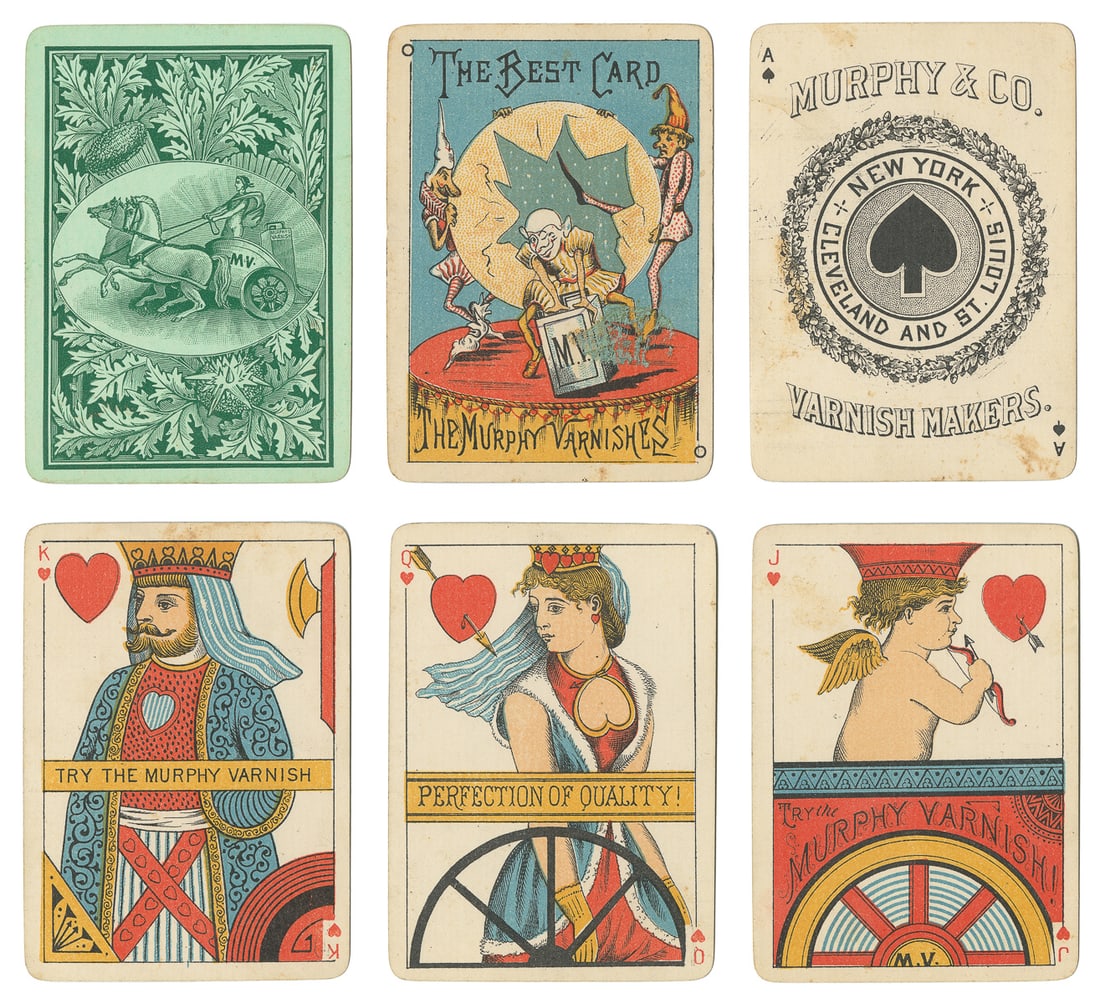 A. Dougherty “Murphy Varnish” Transformation Playing Cards....: A. Dougherty “Murphy Varnish” Transformation Playing Cards. New York, ca. 1883. 52 + J. Comical transformation deck that doubles in advertising Murphy Varnish. Backs light green with leave