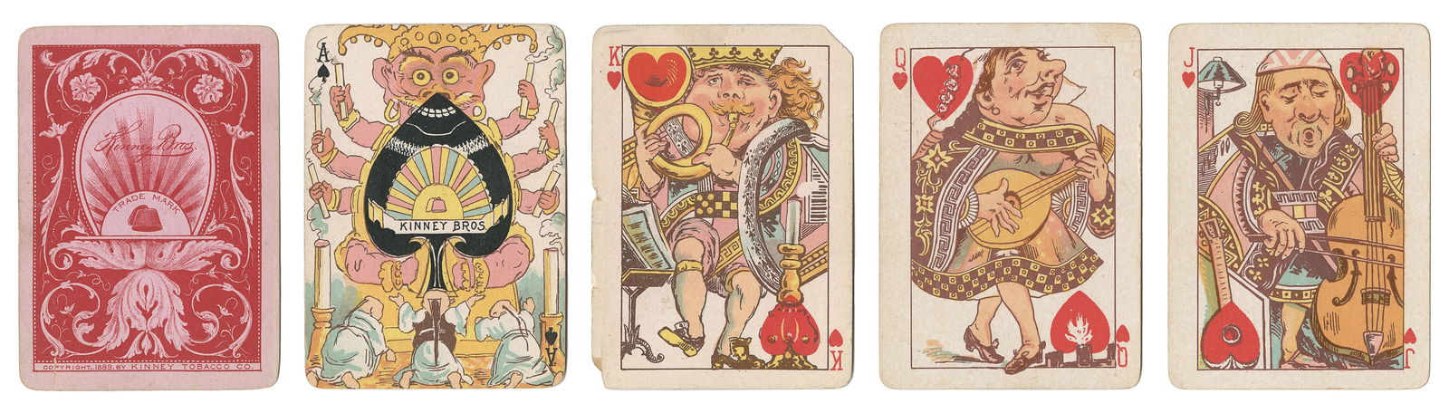 Kinney Harlequin II Transformation Playing Cards. Kinney Br...: Kinney Harlequin II Transformation Playing Cards. Kinney Bros. Tobacco, 1889. 50/52 (lacks 6H and 2D, plus joker, supplied in facsimile). Color lithographed transformation designs that incorporate num