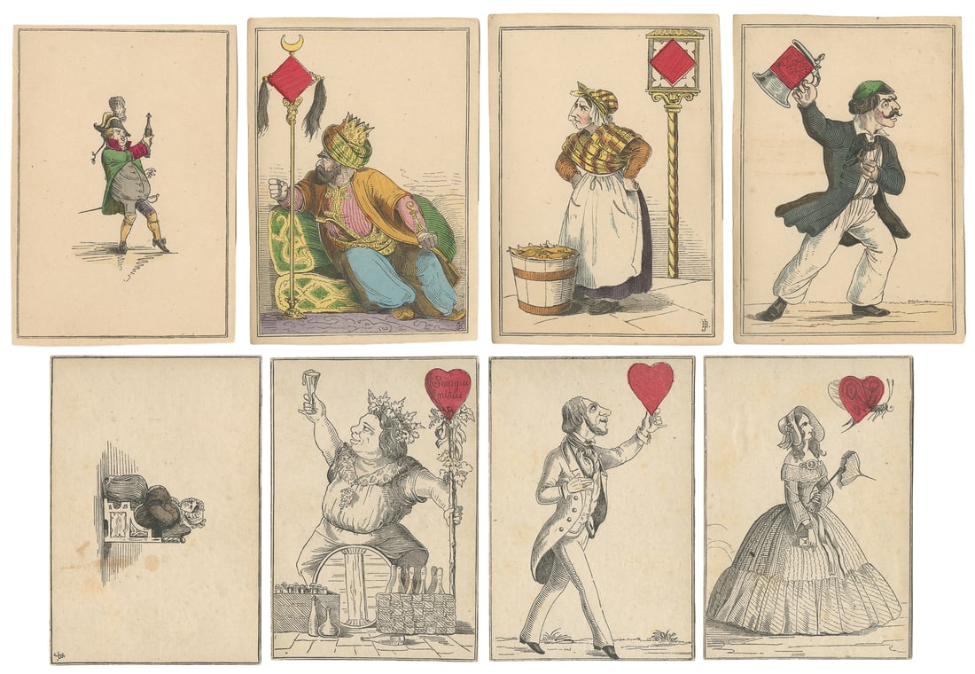 Braun & Schneider Transformation Playing Cards. Germany, ca...: Braun & Schneider Transformation Playing Cards. Germany, ca. 1850s. Complete deck of 52. Engraved with hand-colored stenciling. Backs blue dot pattern. With “JB” monogram on some of the ca