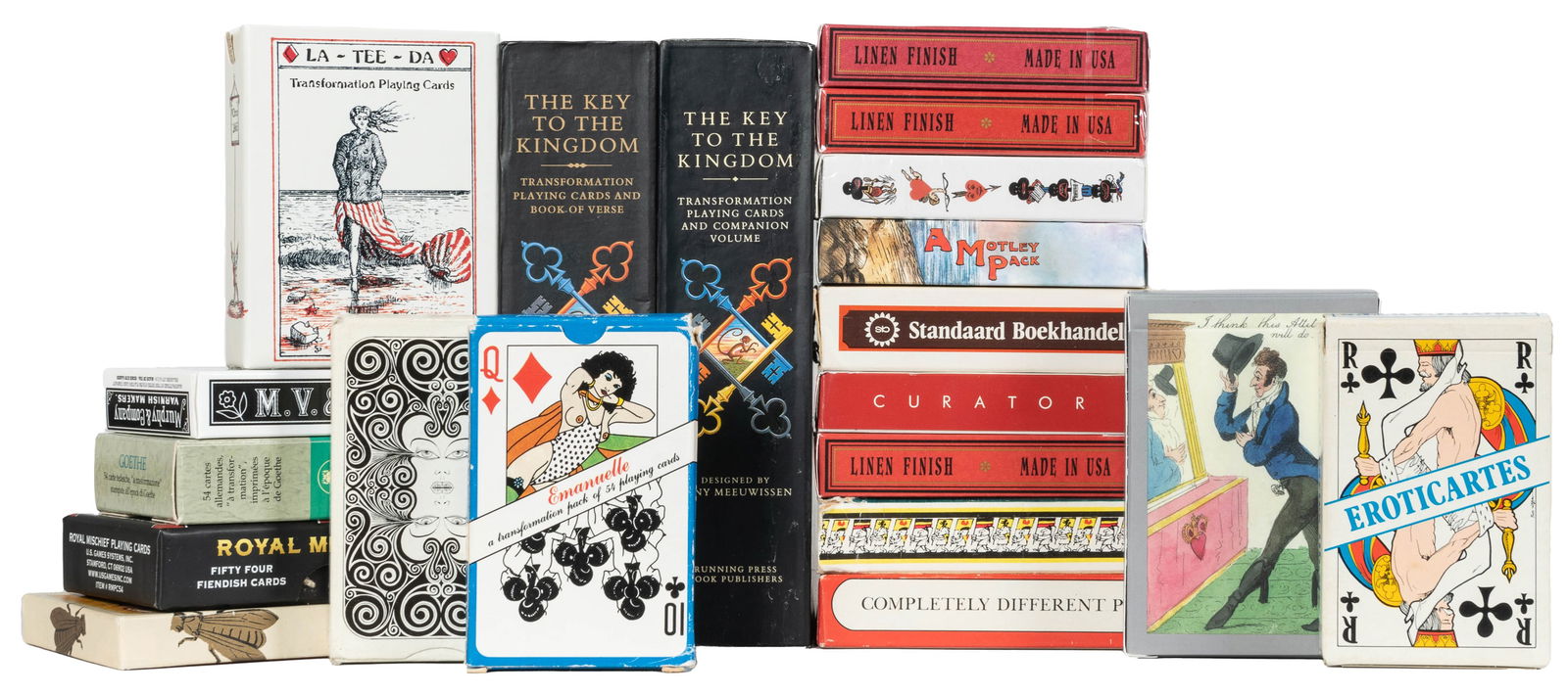 [TRANSFORMATION CARDS]. Group of over 30 decks of transform...: [TRANSFORMATION CARDS]. Group of over 30 decks of transformation playing cards. V.p., ca. 1970s-2010s. Collection of transformation decks, mainly facsimile reissues of antique decks, some from limited