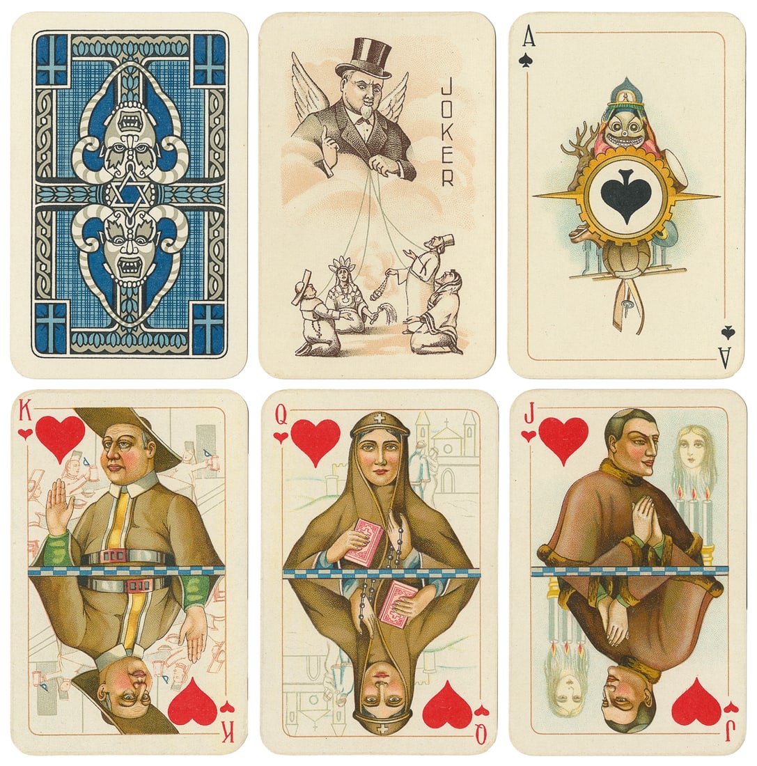 Russian “Anti-Religions” Playing Cards. [Soviet Union, ca. ...: Russian “Anti-Religions” Playing Cards. [Soviet Union, ca. 1932]. 52 + J + OB (box worn with missing end flaps, old tape repair). Color chromolithography, polished surfaces. All edges gilt