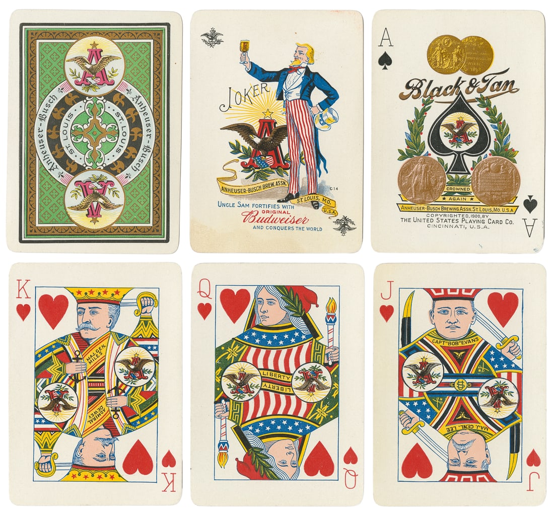 Anheuser-Busch Spanish-American War Playing Cards. St. Loui...: Anheuser-Busch Spanish-American War Playing Cards. St. Louis, ca. 1900. 52 + J. Spanish-American War era deck produced by the brewery. Gilt edges (some rubbed). Joker depicts Uncle Sam enjoying Budwei