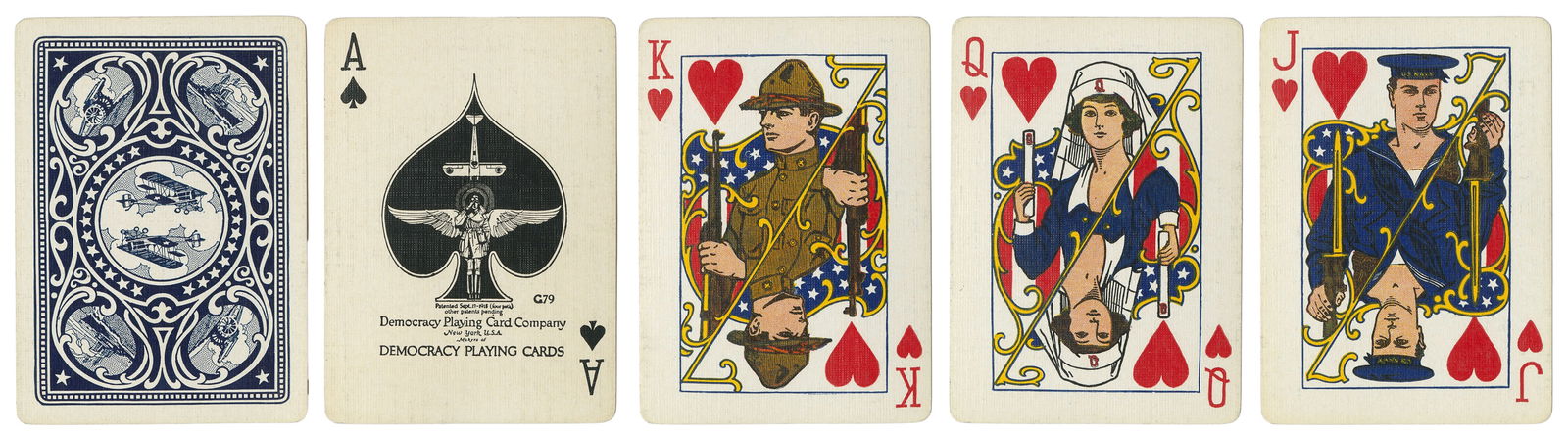 Democracy Playing Cards. New York: Democracy Playing Card C...: Democracy Playing Cards. New York: Democracy Playing Card Co., 1918. 52. World War I-era deck with original court designs (kings are soldiers, queens nurses, jacks sailors). Flying aces on ace cards.