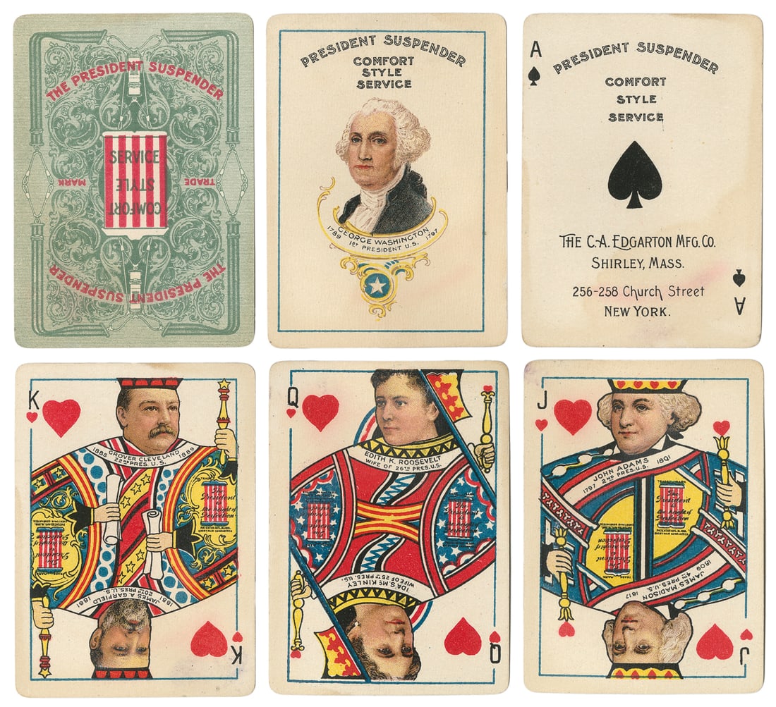 President Suspender Playing Cards. Shirley, Mass.: C.A. Edg...: President Suspender Playing Cards. Shirley, Mass.: C.A. Edgarton Mfg., ca. 1904. 52 + J + OB. Wide advertising deck for the suspenders company based in Shirley, Mass, and New York. Depictions of U.S.