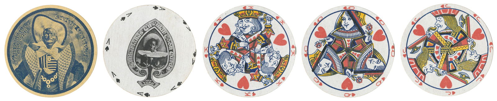 Sutherland’s Circular Coon Cards. Black as the Ace of Spade...: Sutherland’s Circular Coon Cards. Black as the Ace of Spades. Melbourne: Hartley Bros., 1885. 52 + J + OB. Circular Black Americana playing cards in the original tin box with label. Scrapes and