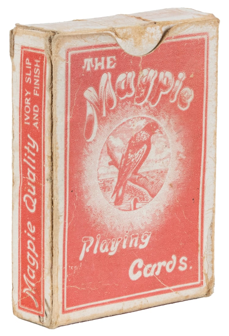 The Magpie Playing Cards. N.p., ca. 1920s. 52 + J + OB. Bac...: The Magpie Playing Cards. N.p., ca. 1920s. 52 + J + OB. Backs red leaf design with diamond. All edges gilt. Lightly penciled fortune-telling phrases on faces. Scarce.