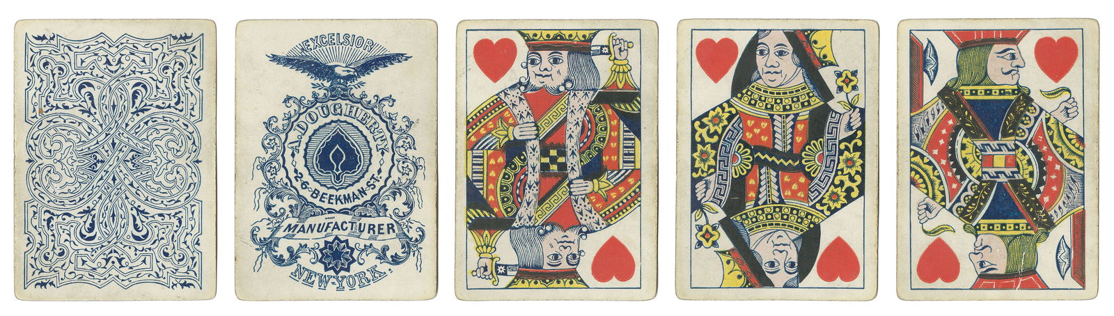 Andrew Dougherty Excelsior Playing Cards. New York: Andrew ...: Andrew Dougherty Excelsior Playing Cards. New York: Andrew Dougherty, ca. 1864. 52. Blue patterned backs. Double-ended courts. Slight corner chips, scattered abrasions. Hochman AD4.
