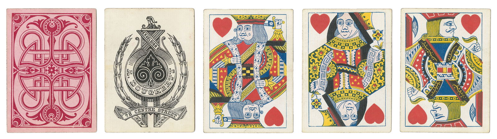 Andrew Dougherty Excelsior Playing Cards. New York: Andrew ...: Andrew Dougherty Excelsior Playing Cards. New York: Andrew Dougherty, ca. 1864. 52. Red patterned backs on pink. Double-ended courts. Minor rubbing. Hochman AD4.