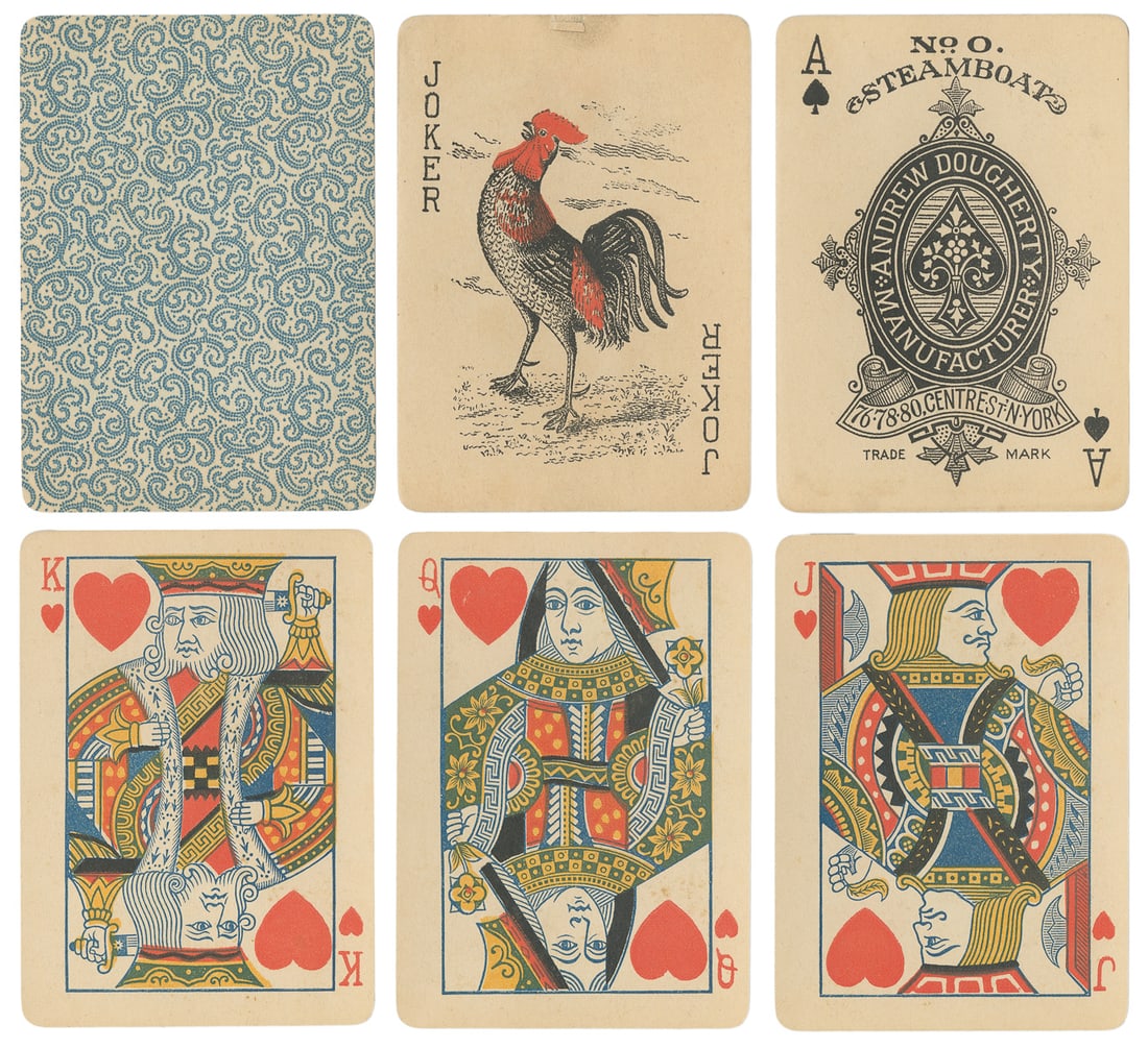 Andrew Dougherty Steamboat No. 0 Playing Cards. New York: A...: Andrew Dougherty Steamboat No. 0 Playing Cards. New York: Andrew Dougherty, ca. 1888. 52 + J + OB. Ace of Spades with Dougherty’s address (replaced by “Trademark” on a later version). Rooste