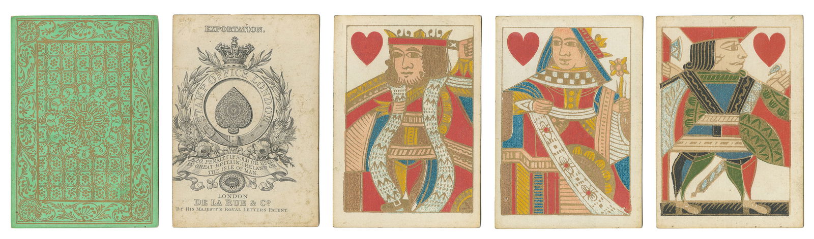 De La Rue playing cards. London: De La Rue & Co., 19th cent...: De La Rue playing cards. London: De La Rue & Co., 19th century. 52. Square corners. One-way courts. Block-and-stencil printing, enhanced with gilt. Backs green with gilt floral pattern. Ace cropped cl