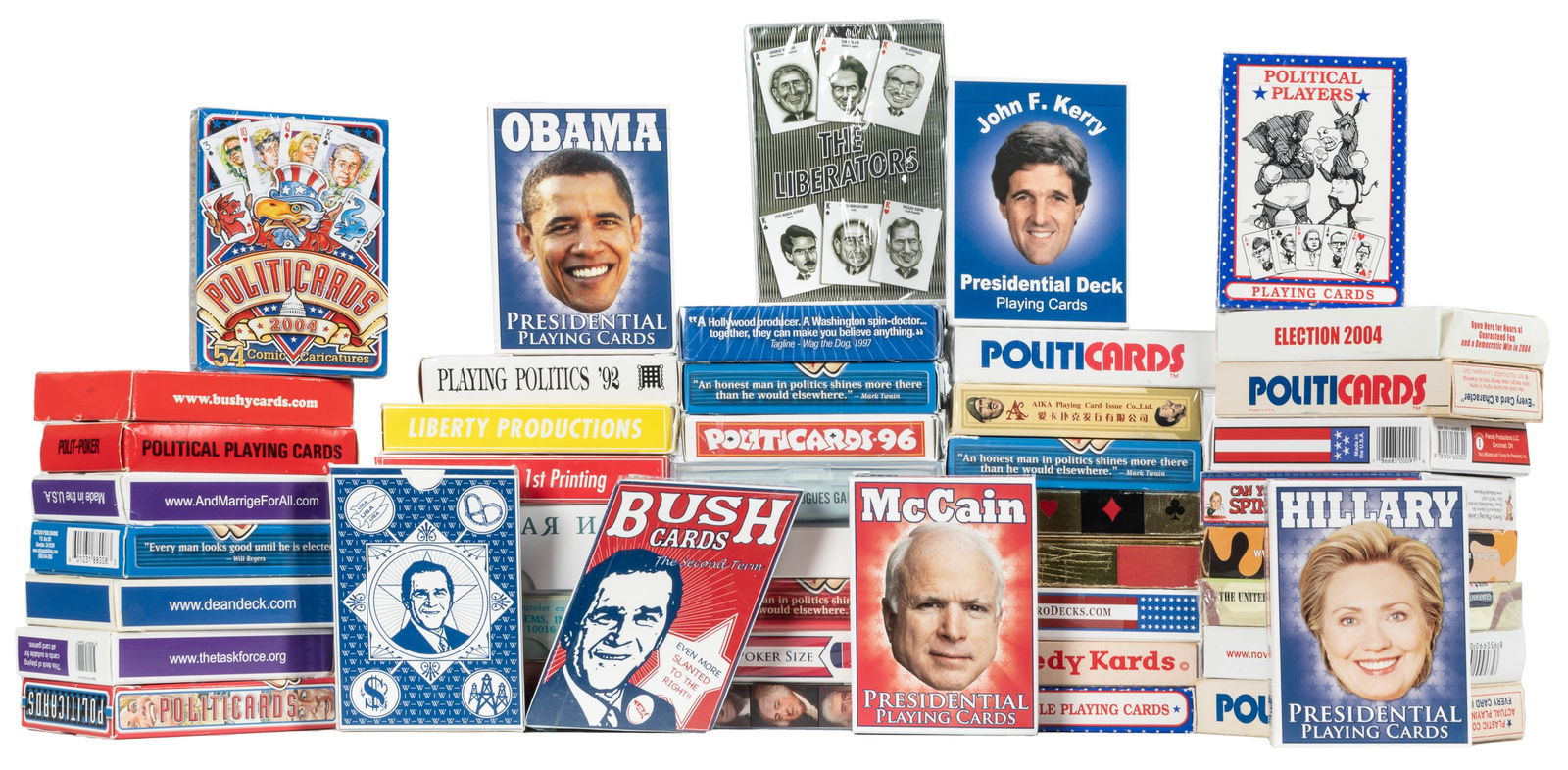 Over 75 decks of political-themed playing cards. Bulk Ameri...: Over 75 decks of political-themed playing cards. Bulk American, ca. 1970s-2010s. Large group of “politicards” and political decks, mainly satires of U.S. Presidents and presidential candid