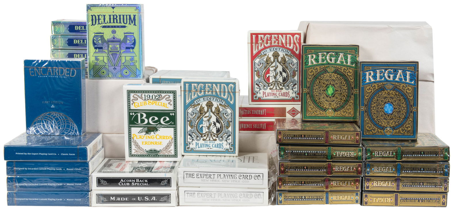 Group of over 90 sealed modern playing card decks. V.p., ca...: Group of over 90 sealed modern playing card decks. V.p., ca. 2010s. Group of modern “cardistry” by various designers and manufacturers, including: Regal Playing Cards (Gambler’s