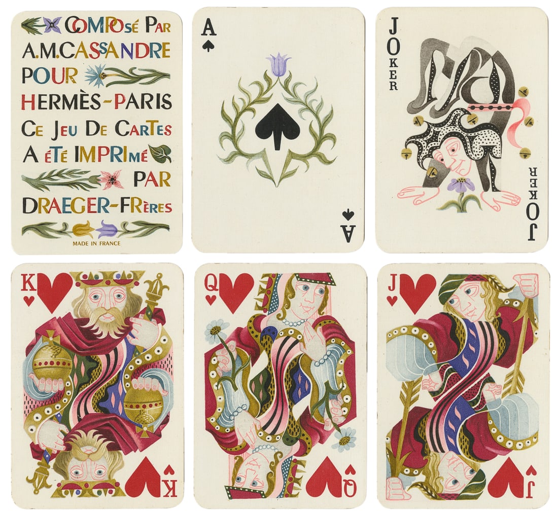 CASSANDRE, A.M. (after). Playing Cards for Hermes. Paris, c...: CASSANDRE, A.M. (after). Playing Cards for Hermes. Paris, ca. 1940s. Double-deck set, in original cardstock boxes and orange Hermes box. Both decks 52 + 2 jokers and title card. One deck sealed in