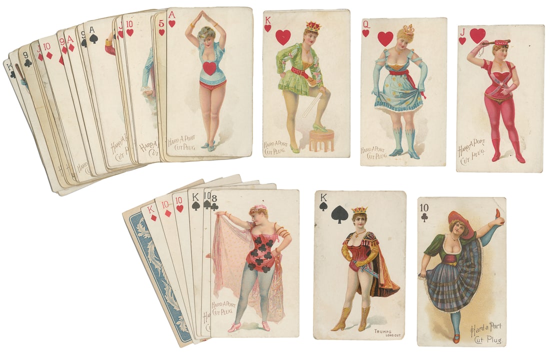 [PIN-UP]. Group of 139 Hard A Port / Trumps tobacco insert ...: [PIN-UP]. Group of 139 Hard A Port / Trumps tobacco insert cards. Circa 1890s. Color lithograph playing cards, with full-length illustrations of beautiful women in various costumes. Includes 138 Hard