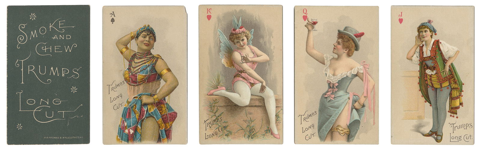 [PIN-UP]. Trumps Long Cut insert playing cards. H.A. Thomas...: [PIN-UP]. Trumps Long Cut insert playing cards. H.A. Thomas & Wylie Litho. Co., ca. 1880s. 52 + J. Color chromolithograph cards with bust and full-length illustrations of women in costume. 3 7/8 x 2