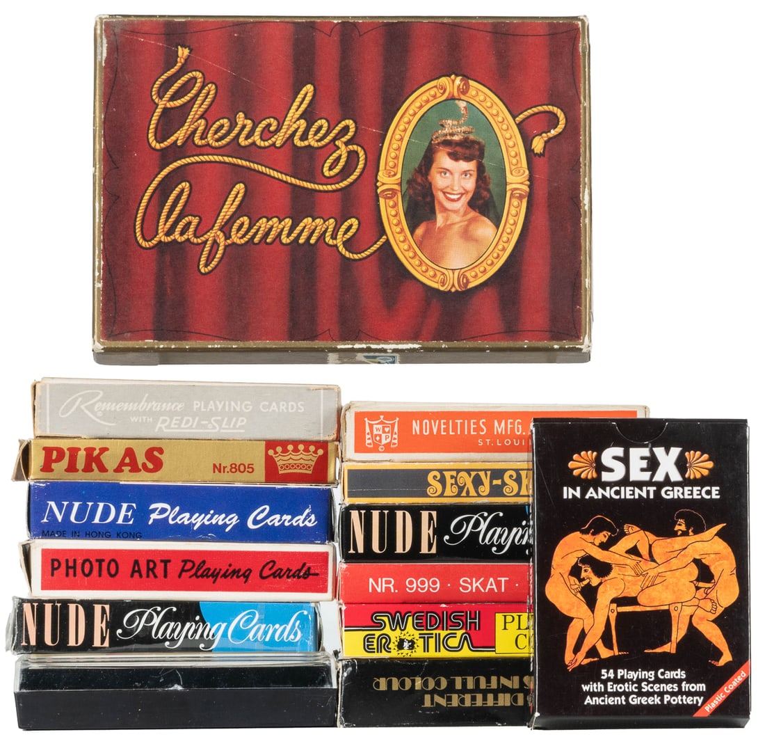 [PIN-UP & EROTICA]. Group of 16 decks of playing cards. V.p...: [PIN-UP & EROTICA]. Group of 16 decks of playing cards. V.p. (American and European), ca. 1950s-80s. Includes: Marilyn Monroe playing cards (backs with the famed “Golden Dreams” image);